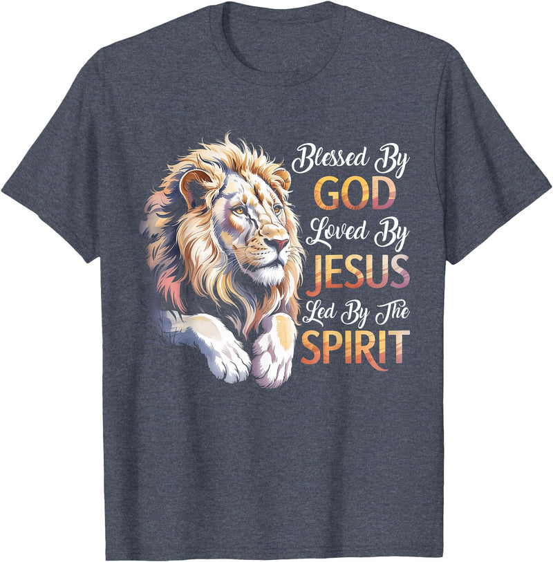 Jesus Lion of Judah Christian Tee. Blessed By God - Loved By Jesus Christian Lion T-Shirt - Heather Blue