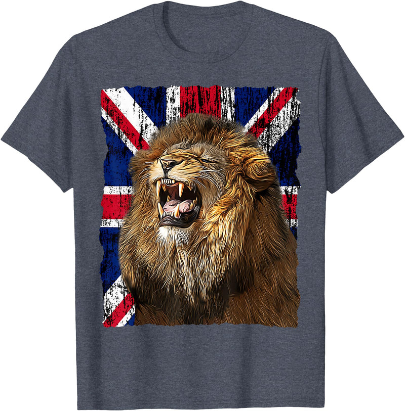 Patriotic Puppies Patriotic Roaring Lion UK Flag Distressed United Kingdom T-Shirt - Heather Blue