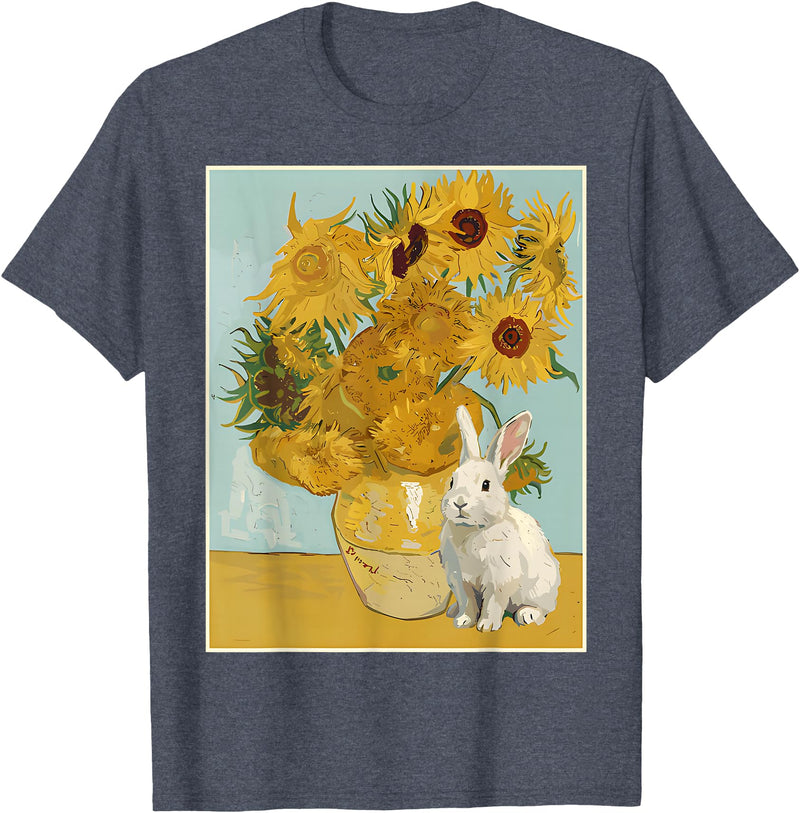 Sunflower Vase White Rabbit Fine Art Cute Bunny Lover T-Shirt in Heather Blue