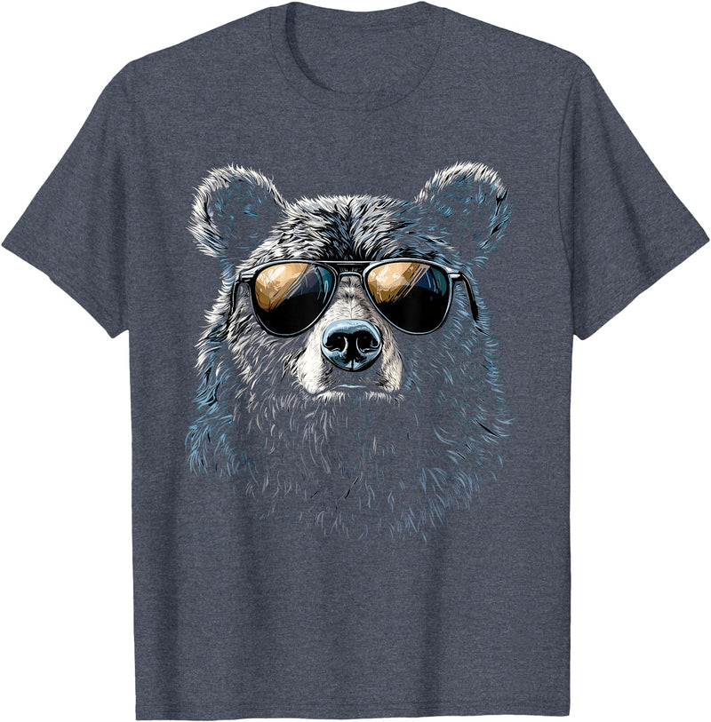 Forest Illustration Bear Art Nature Bear Wearing Sunglasses Wildlife Artwork Graphic Bear T-Shirt - Heather Blue