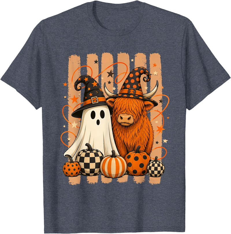 Spooky Highland Cow Heifer Funny Halloween Spooky Season T-Shirt - Heather Blue