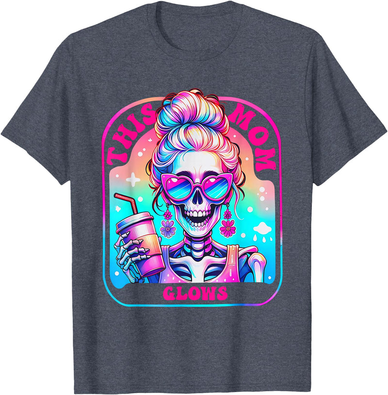 Glow Mom Apparel This Mom Glows Skeleton Mom Colorful Design T-Shirt - Heather Blue