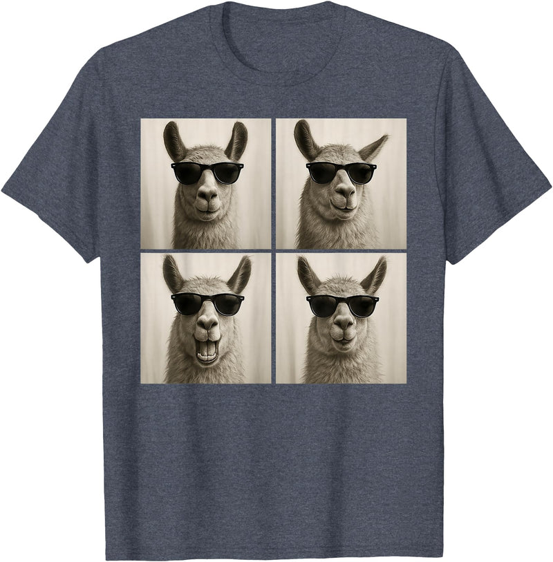 Retro Llama Portrait with Sunglasses Funny Llama Lover Cute Llama Photo Booth T-Shirt - Heather Blue