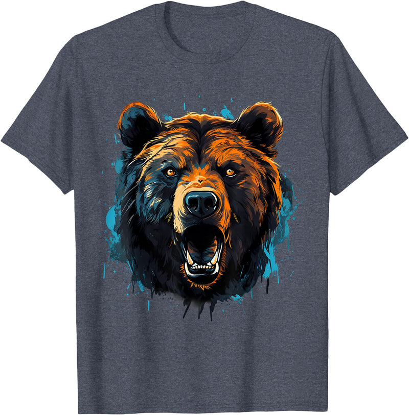 Forest Animal Art Bear Portrait Splash Forest Artwork Animal Lovers Motif T-Shirt - Heather Blue