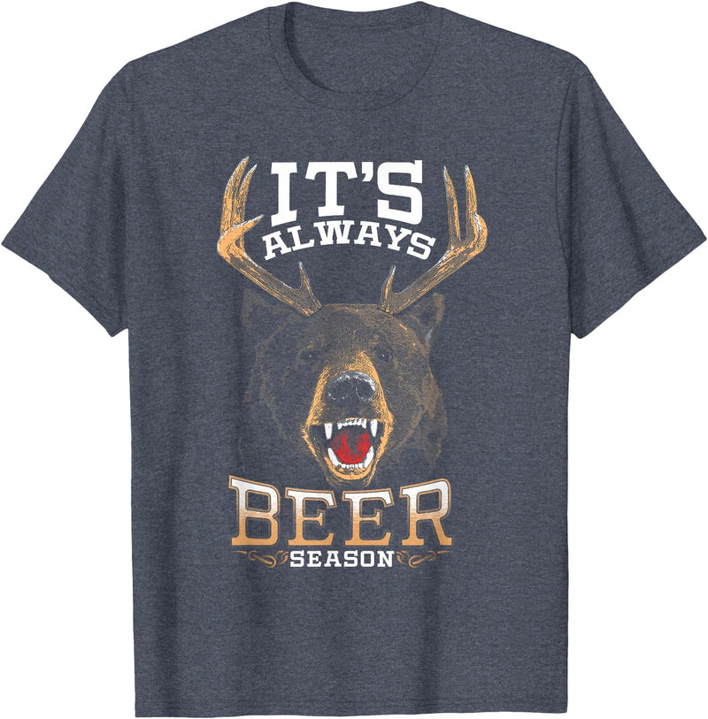 Hunted Apparel It's Always Beer Season Bear Deer Beer Funny Hunter Hunting T-Shirt - Heather Blue