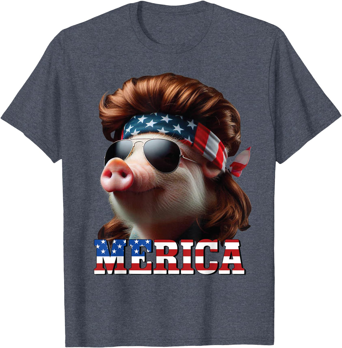 Funny Mullet Farm Pig Patriotic Pig Merica Mullet 4th of July And Father's Day Man Funny T-Shirt - Heather Blue