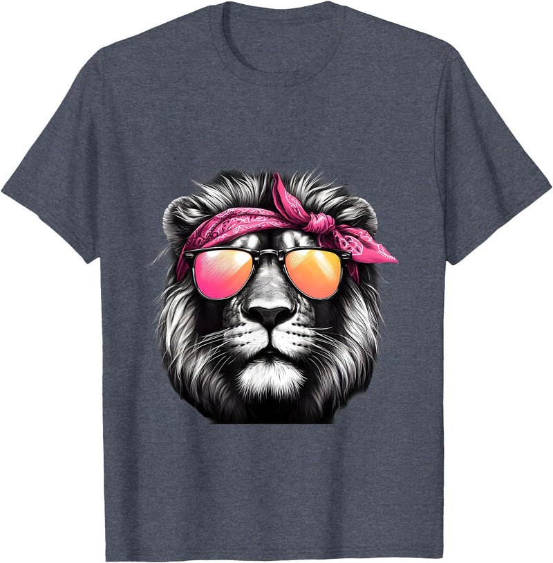 Fashionable Animals Wearing Pink Bandanas Lion Wearing a Pink Bandana Headband and Sunglasses T-Shirt - Heather Blue