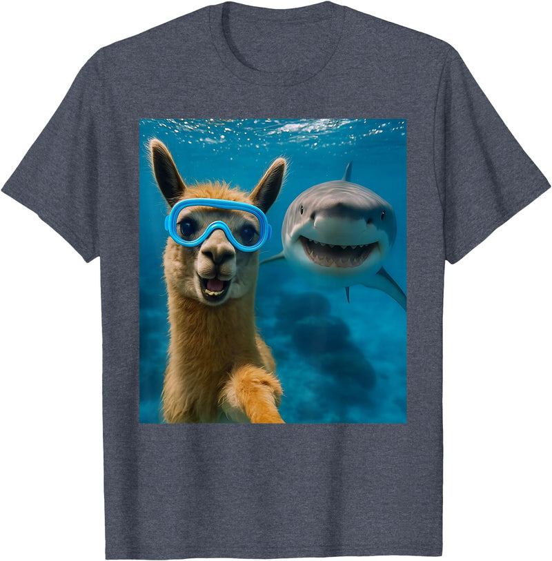 Selfie Llama and Shark Summer Scuba Diving Funny Llama Selfie with Shark Ocean Lovers T-Shirt - Heather Blue