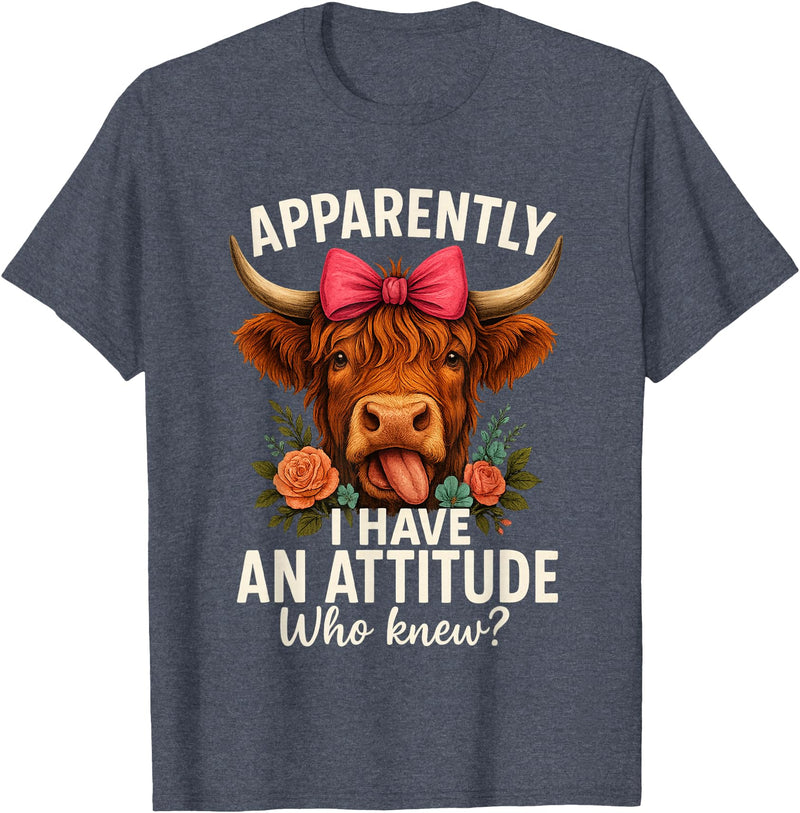 Mother's Day Gifts by LD Apparently I Have an Attitude Who Knew Sarcasm Highland Cow T-Shirt - Heather Blue
