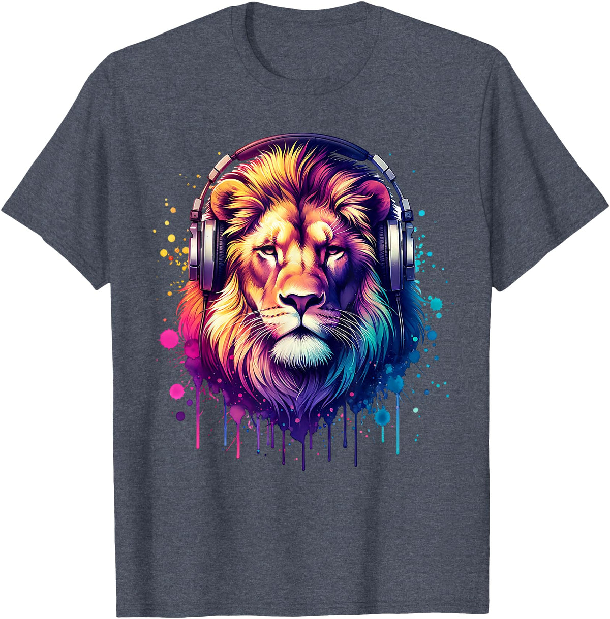 Funny Animal With Headphones Lion with Headphones T-Shirt - Heather Blue
