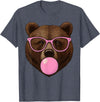 Bear Face Wearing Glasses Apparel For Women ladies Cute Bear Face Eating Gum and Makes Bubble Funny Bears Women T-Shirt - Heather Blue