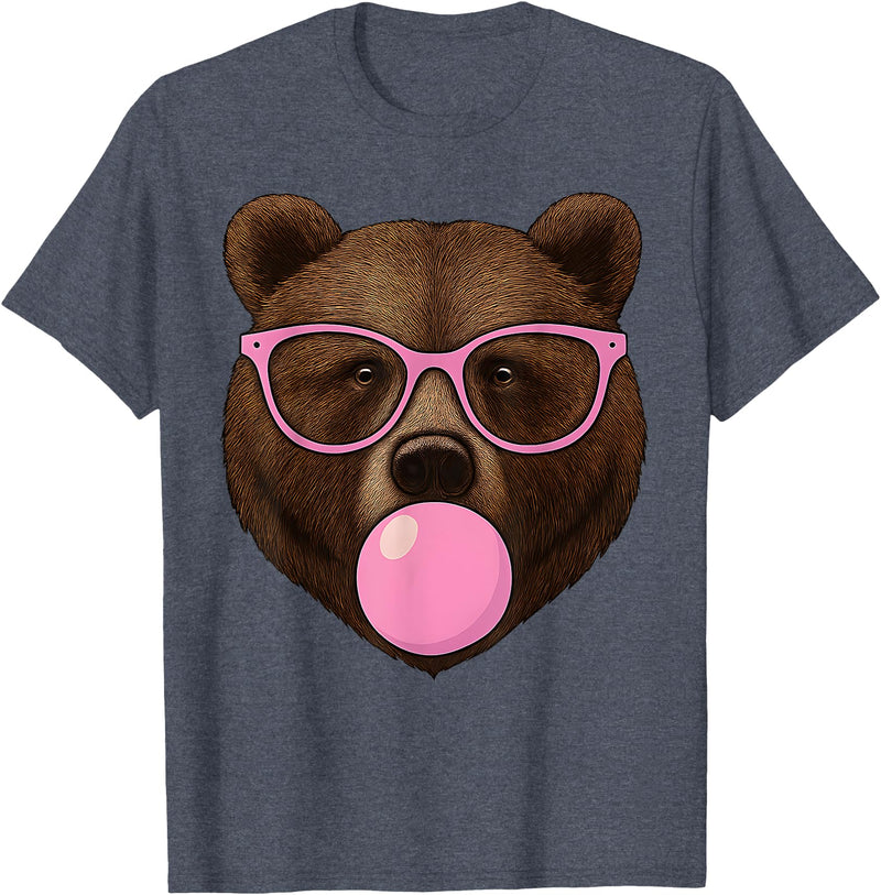 Bear Face Wearing Glasses Apparel For Women ladies Cute Bear Face Eating Gum and Makes Bubble Funny Bears Women T-Shirt - Heather Blue