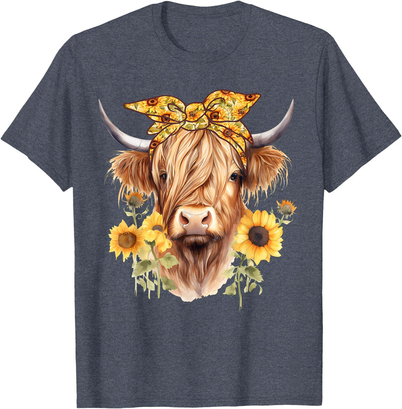 Kala Floral Highland Cow Designs Cute Scottish Highland Cow Wearing Sunflower Bandana Heifer T-Shirt - Heather Blue