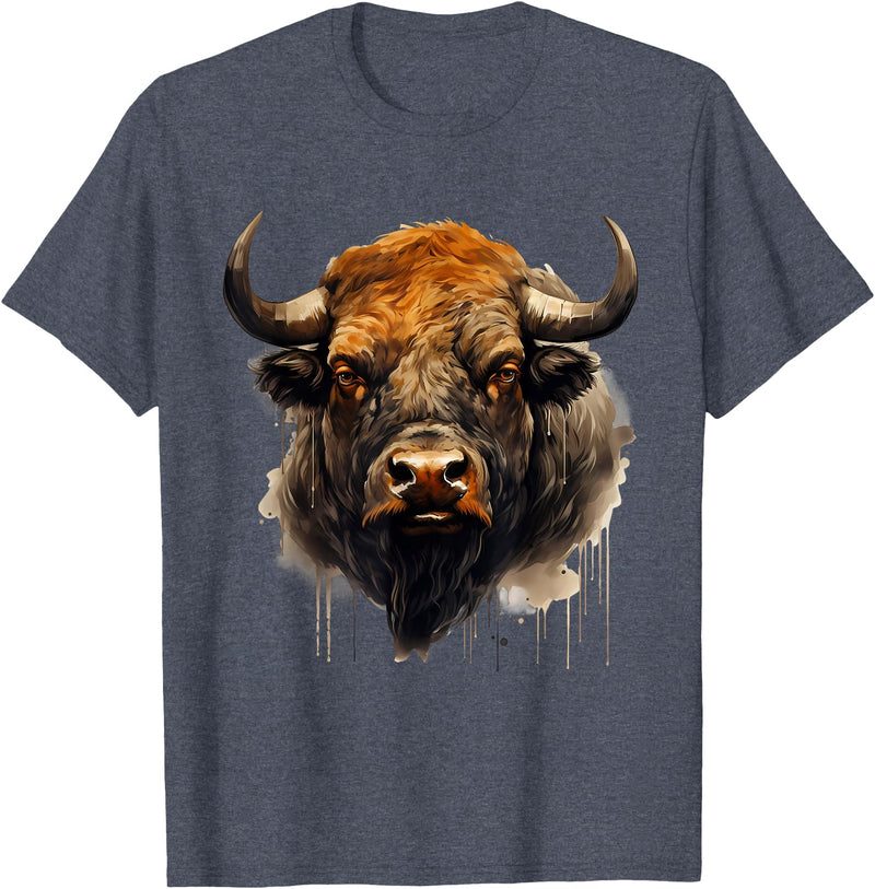 Safari Animal Art Buffalo Animal Print Portrait Bison Nature Artwork T-Shirt - Heather Blue