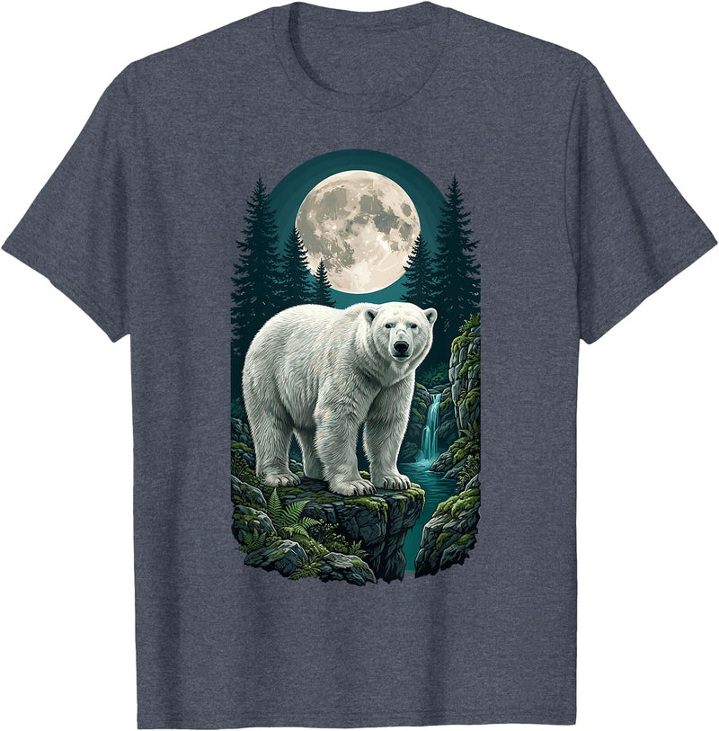 Polar Wilderness Fan Wildlife Lover Polar Bear Full Moon Night Forest Wildlife Nature Lover T-Shirt - Heather Blue
