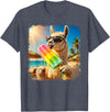 Funny Llama Popsicle Summer Ice Cream Rainbow Drip Funny Llama Eating Popsicle Summer Beach Animal Sunglasses T-Shirt - Heather Blue