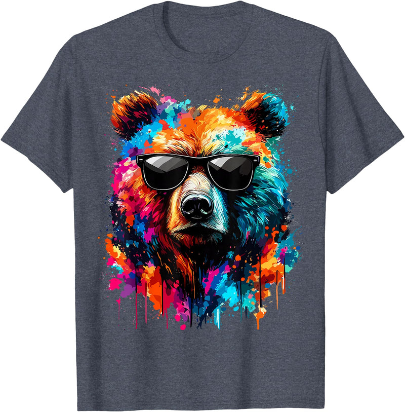 Funny Colorful Bear Lover Wildlife Colourful Bear with Sunglasses T-Shirt - Heather Blue