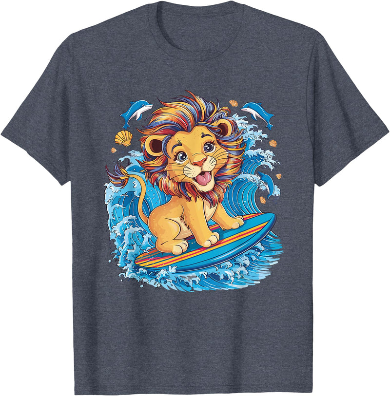 Cute Lion surfing gifts Cute Surfing Lion Riding the Waves T-Shirt - Heather Blue