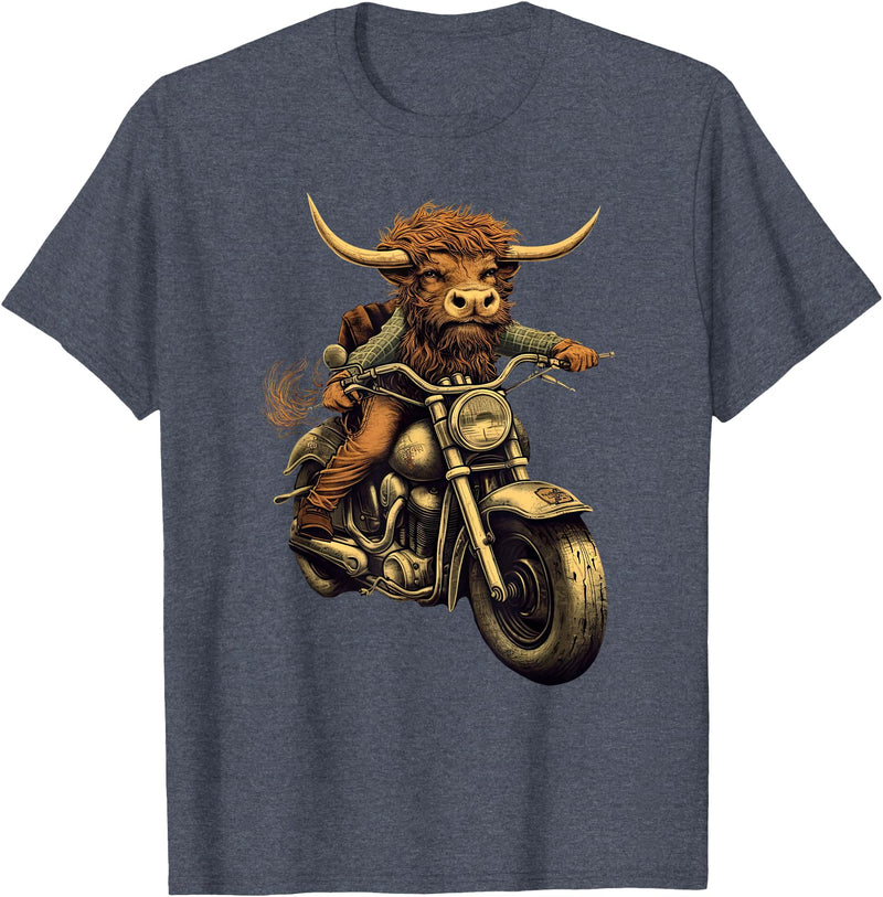 Scottish Highland Cow motorcycle Lovers gift Scottish Highland Cow Cattle Hairy Cow Rides motorcycle men T-Shirt - Heather
