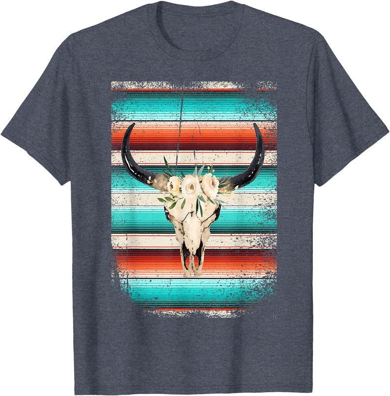 Funny Serape Cow BOHO designs Funny Serape Cow BOHO print Flower Rustic Turquoise T-Shirt - Heather Blue