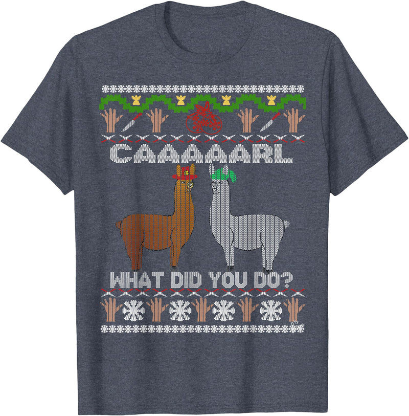 llama shirt collection by Jean Olivier funny llama with hats Christmas look carl what did you do T-Shirt - Heather Blue