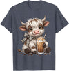 Funny Highlander Cow Drinking Coffee Lover Designs Highland Cow Drinking Iced Coffee Lover Funny Animal Meme T-Shirt -