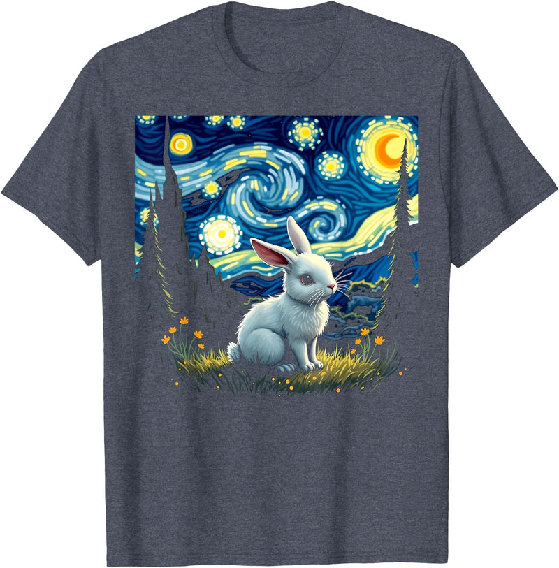 Rabbit Bunny Starry Night Van Gogh Graphic Art for Men Women T-Shirt in Heather Blue
