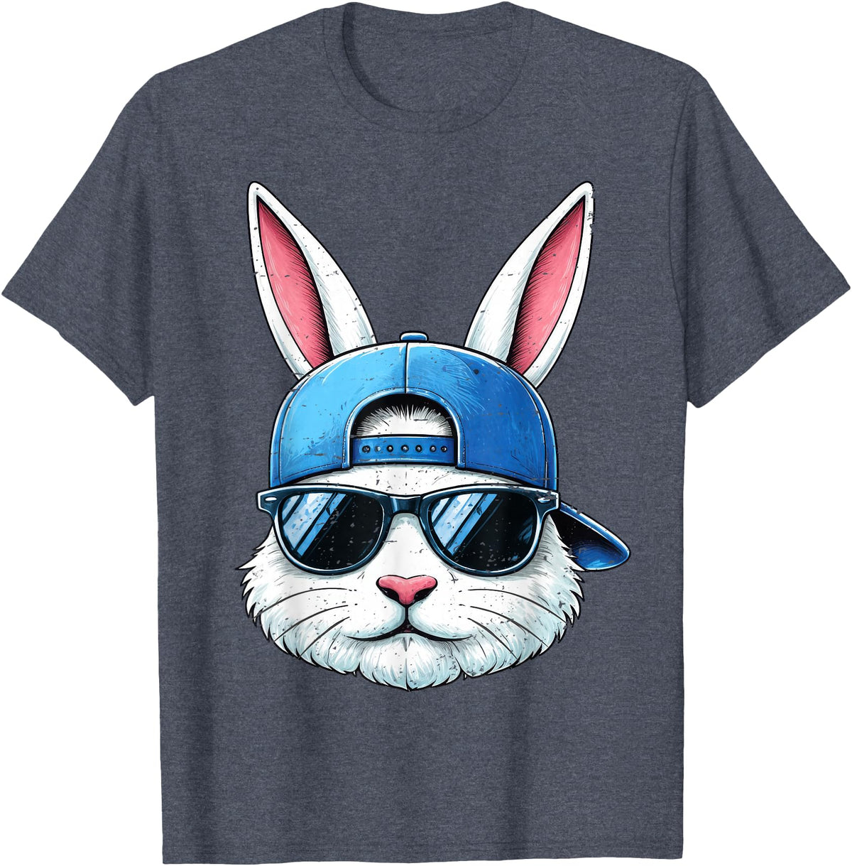 Cool Bunny Face with Sunglasses Cap Easter Kids Boys T-Shirt in Heather Blue