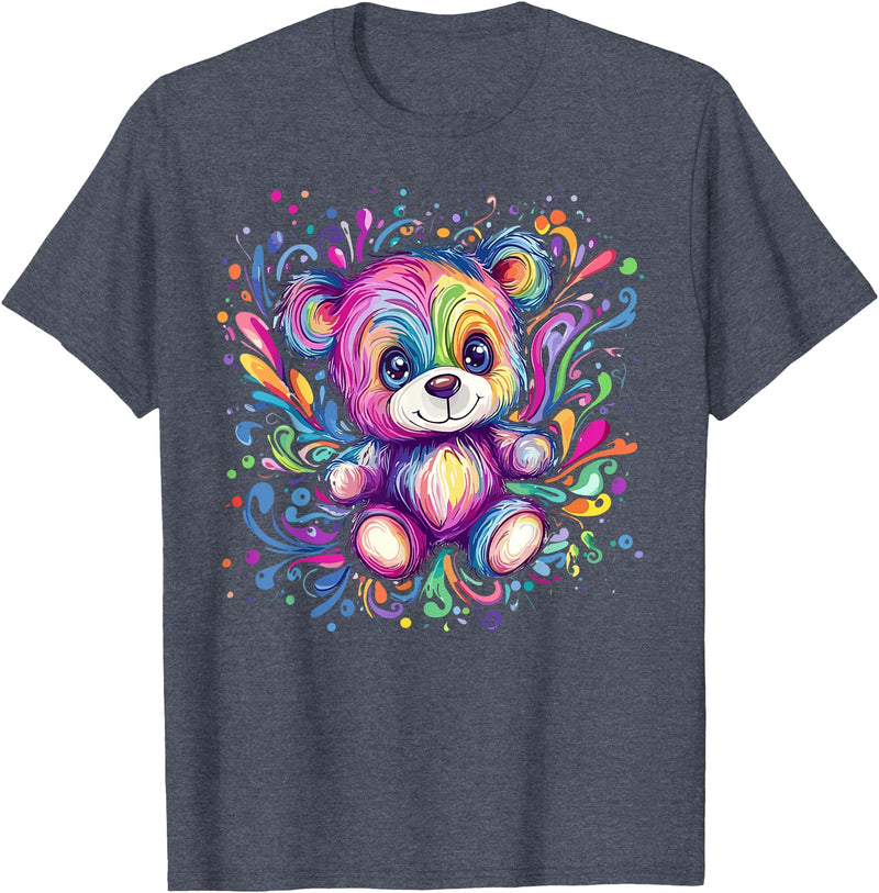 Vibrant Colorful Teddy Bear Illustration Rainbow Splash Teddy Bear T-Shirt - Heather Blue