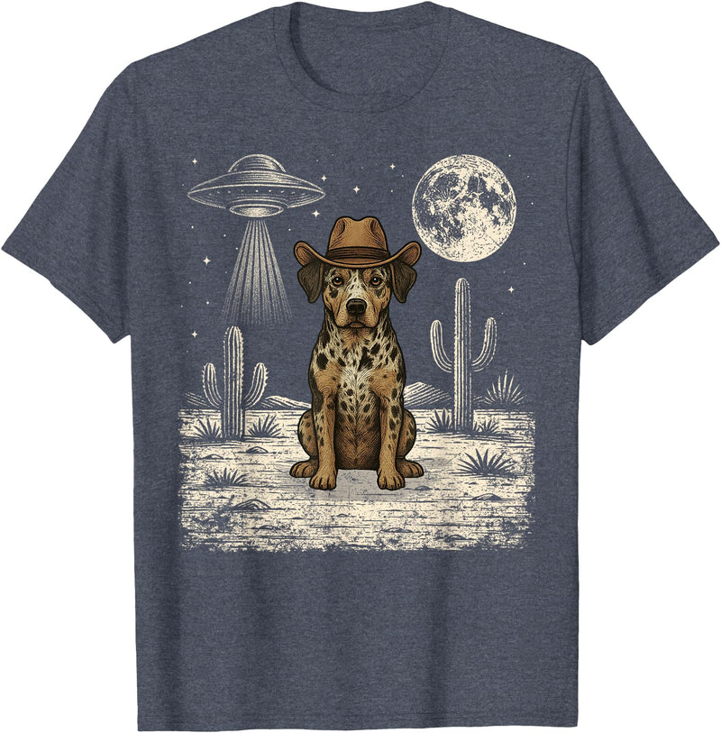 Retro Catahoula Leopard Dog Lover Halloween Moon Funny Catahoula Leopard Dog Cowboy Western UFO T-Shirt - Heather Blue