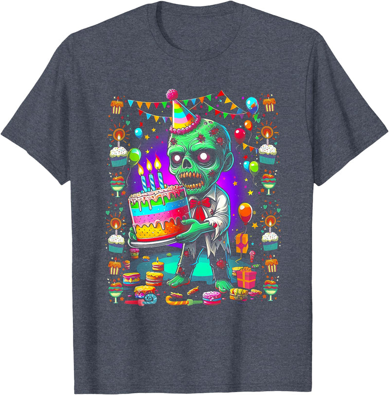 Zombie Holding Birthday Cake Halloween Birthday Horror Party T-Shirt - Heather Blue