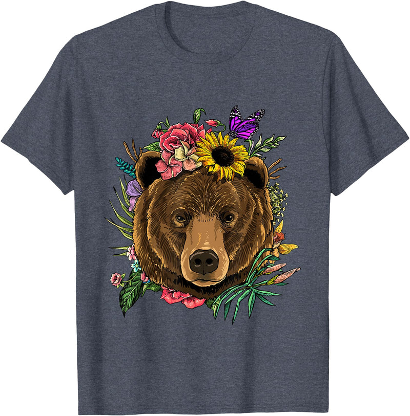 Wowsome! Bear Shirt Nature Floral Grizzly Bear Face Animal Bear Lover T-Shirt - Heather Blue