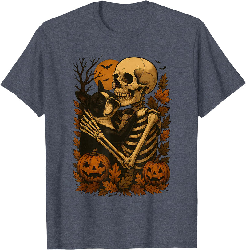 Skeleton Hugging Dog Skeleton Hugging Boston Terrier T-Shirt - Heather Blue