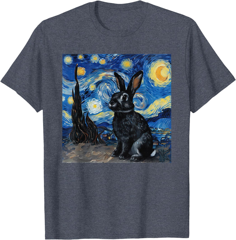 Bunny Rabbit Van Gogh Style Starry Night T-Shirt in Heather Blue