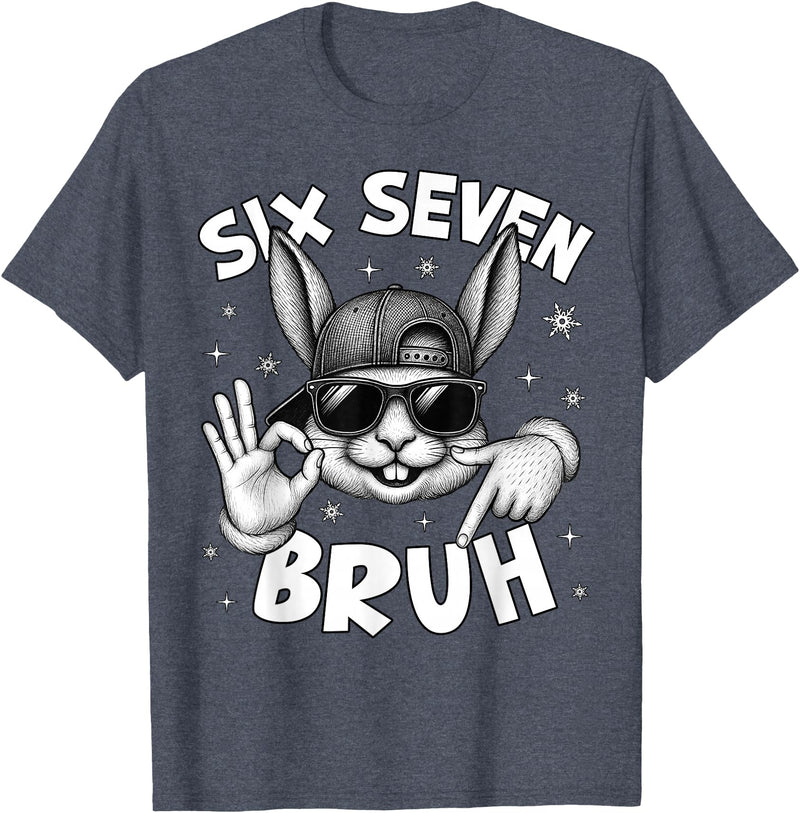 67 Six Seven Bruh Cute Bunny Face with Sunglasses Easter Day T-Shirt in Heather Blue