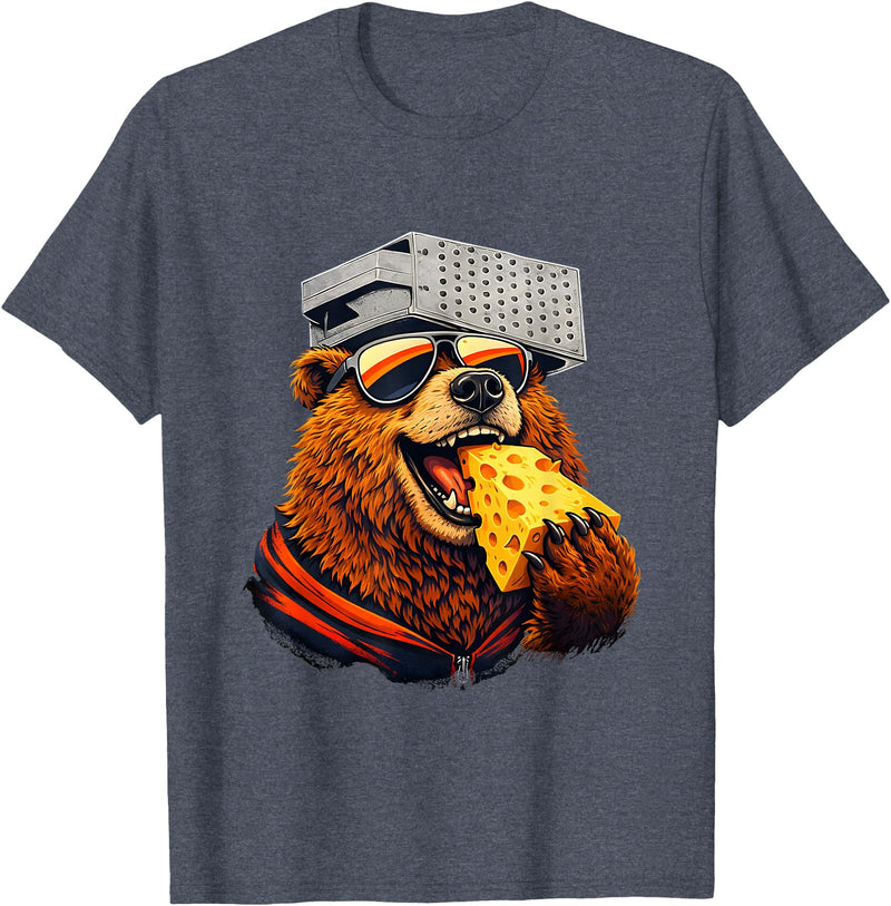 Retro Bear with Cheese for Boys Funny Animal humor Retro Bear Eating Cheese with a Grater Hat T-Shirt - Heather Blue