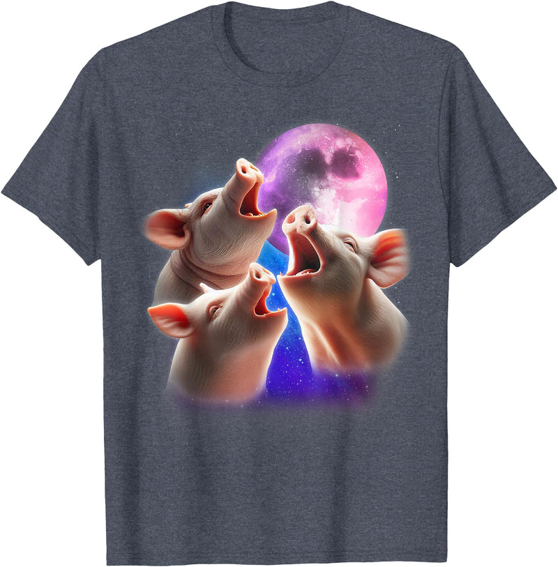 3 Animals Howling At The Moon Shirt & Gifts 3 Pigs Howling At The Moon Funny Pig Animal Lover Farmer T-Shirt - Heather Blue