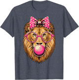Magical and Funny Lion Gifts Lion with Bubble Gum and Pink Bow T-Shirt - Heather Blue