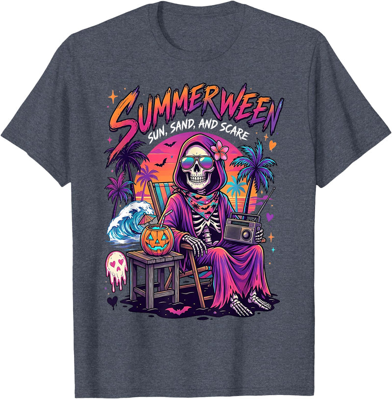 Summerween Halloween in July Spooky Summer Horror summerween Sun Sand and Scare Skeleton Halloween T-Shirt - Heather Blue