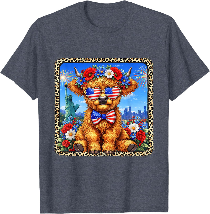 4th of July Apparel 4th of July Cow Patriotic Heart Glasses USA Floral Leopard T-Shirt - Heather Blue
