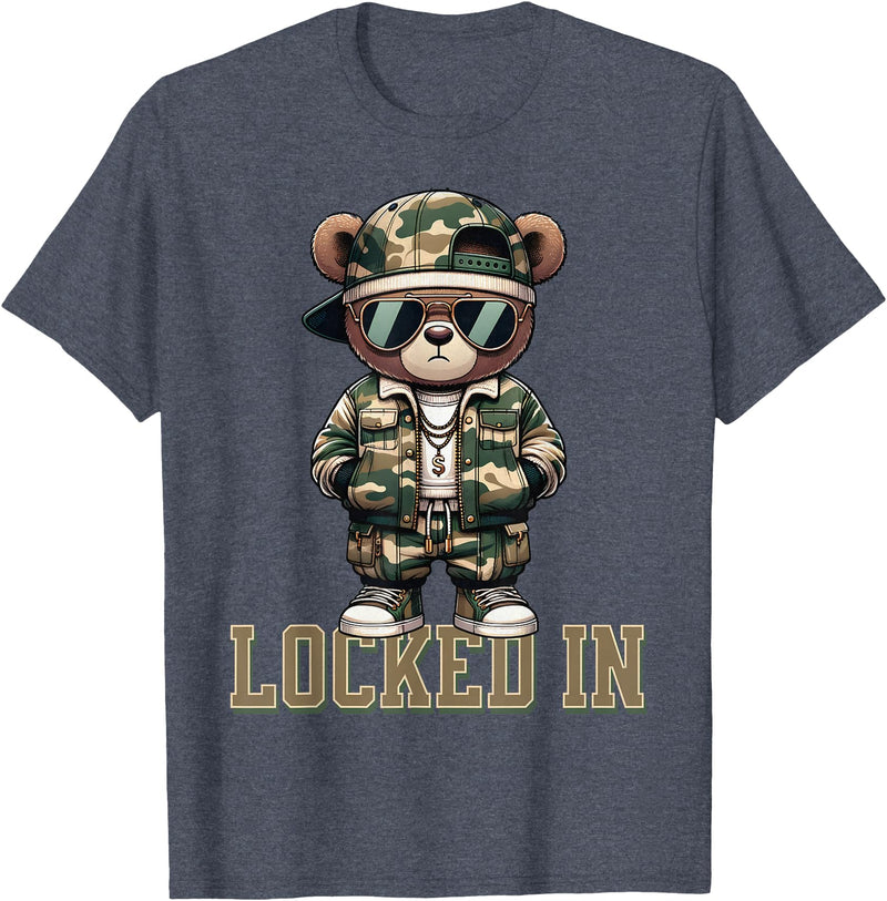 Boys & Mens Camouflage Teddy Bear Streetwear Gear Camo Hip Hop Teddy Bear Locked In Saying Hustle Money Grind T-Shirt - Heather Blue
