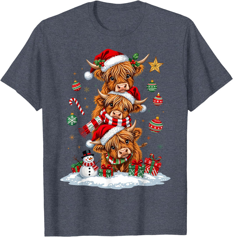 Highland Cow Christmas Winter Tree Farm Women Girl Funny Xmas Merry Moo Cows Highland Cow Christmas Snowman T-Shirt -