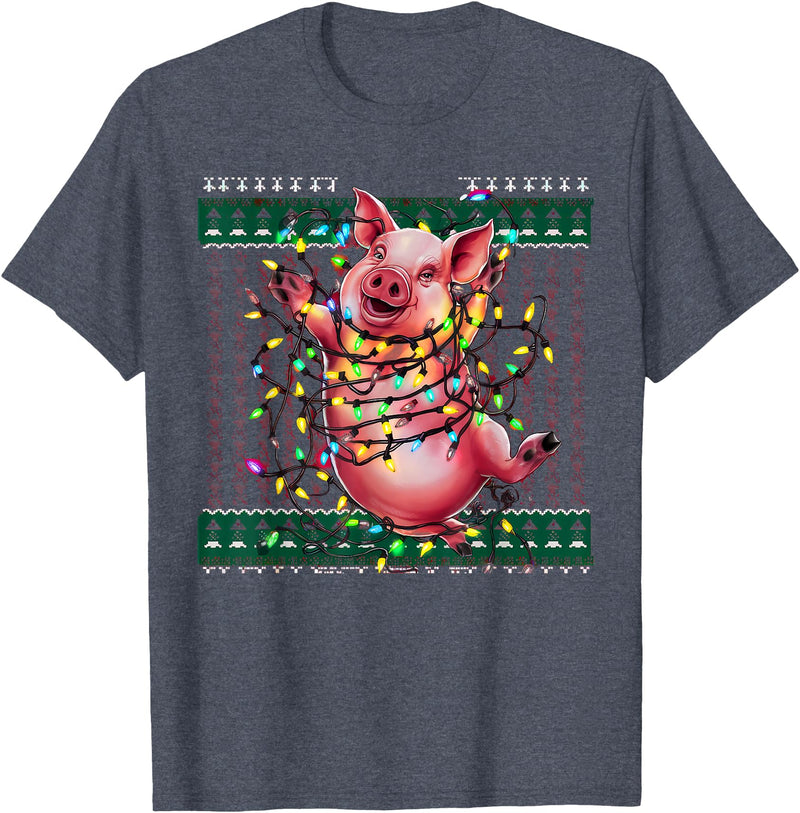 Christmas Sweater Tshirt For Men Women Santa Claus Christmas Family Xmas Ugly Christmas Outfit Merry Pig T-Shirt - Heather Blue
