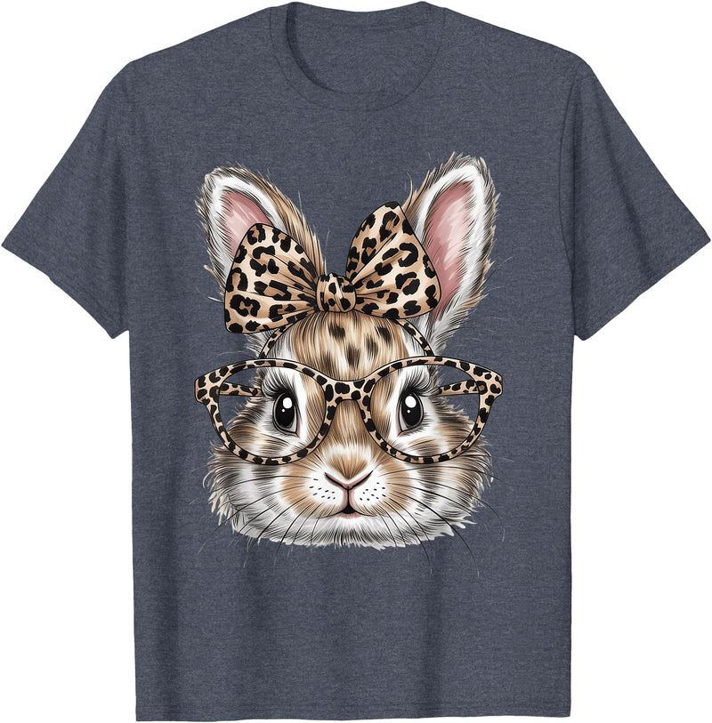 Bunny Face Glasses Bandana Leopard Rabbit Happy Easter T-Shirt in Heather Blue