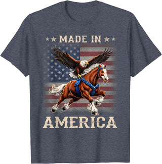 Made In America Patriotic Tees Made in America Western Horse Eagle USA Flag T-Shirt - Heather Blue