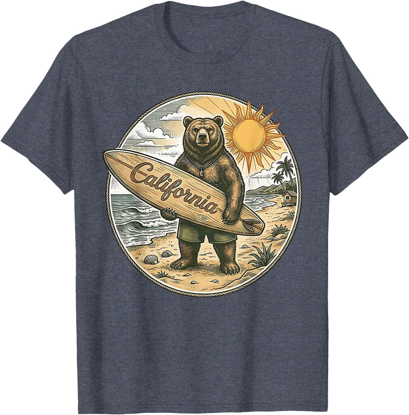 Retro Coastal Surf Bear Vintage Beach Apparel Vintage California Surf Bear Beach Retro Coastal Summer T-Shirt - Heather Blue