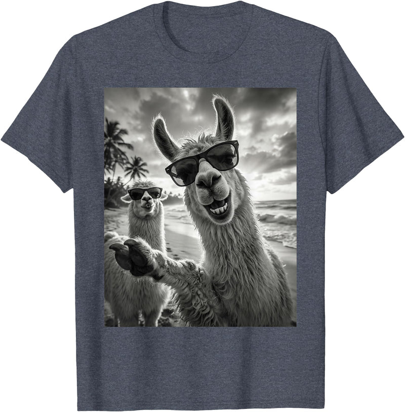 Funny Llama Stuff Accessories & Gifts Cool Llama Selfie At The Beach, Cute Llamas Alpaca T-Shirt - Heather Blue