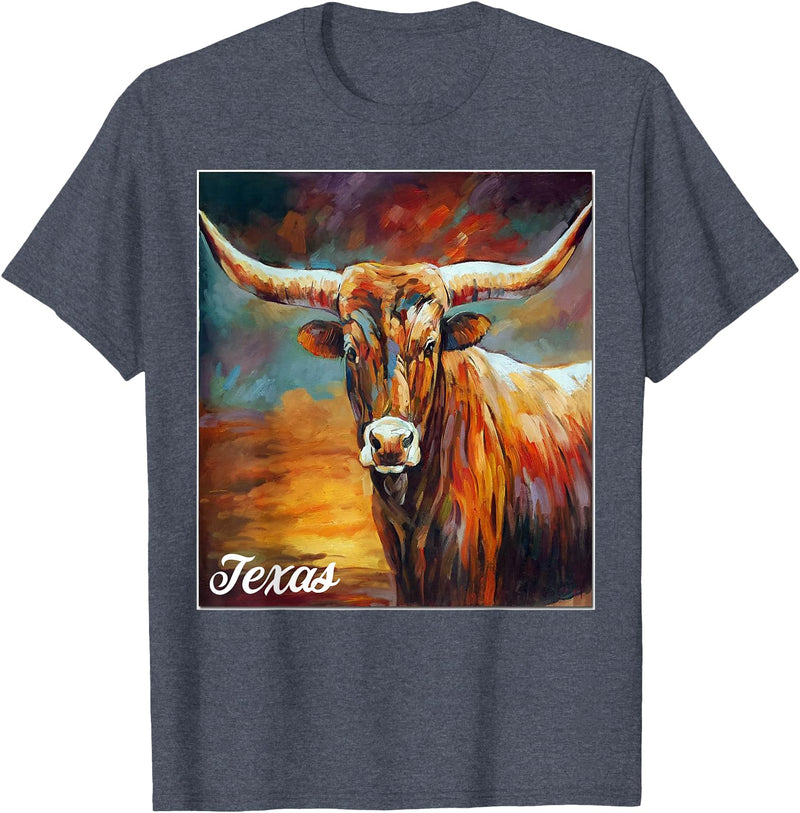 Longhorn Cow Shirts - Longhorn Cattle Gifts - Texas Cattle T-Shirt - Heather Blue