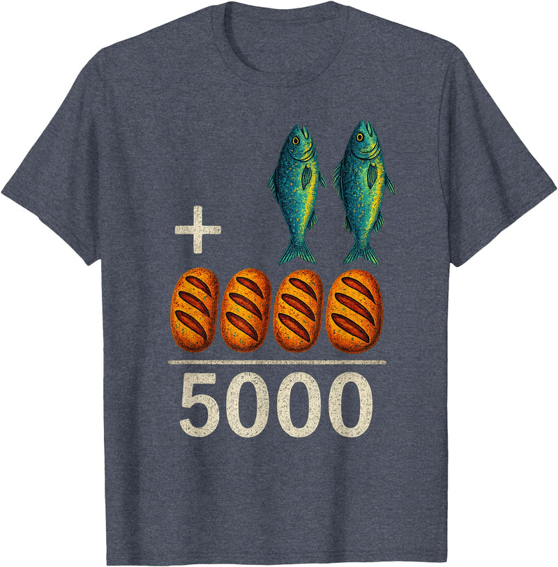 Happy Dawg - Merch 2 Fishes 5 Breads Jesus Feeds The 5000 Christian Bible T-Shirt - Heather Blue