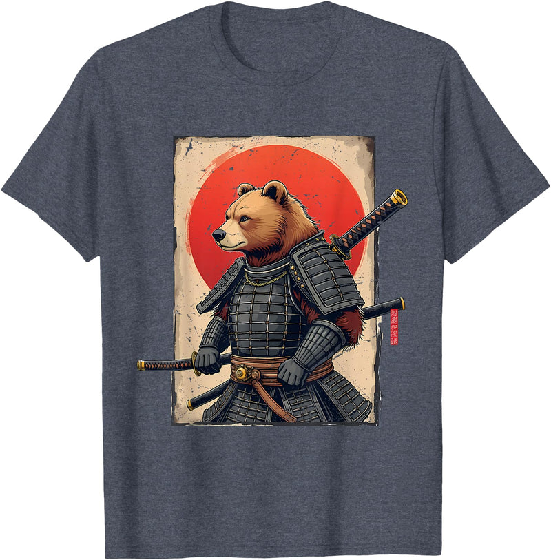 Japanese Samurai Bear Woodblock Art Samurai Brown Bear Ukiyo-e Ink Warrior Art Japanese Bear Art T-Shirt - Heather Blue